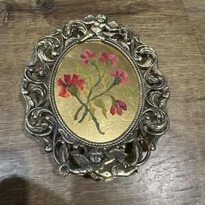 VTG Metal Framed Ornate Painting? Floral Flowers Oval Gold Cherubs MADE JAPAN